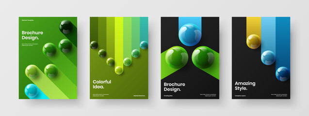 Vivid realistic balls banner concept composition. Geometric company brochure A4 design vector layout bundle.