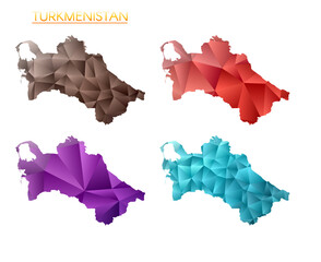 Set of vector polygonal maps of Turkmenistan. Bright gradient map of country in low poly style. Multicolored Turkmenistan map in geometric style for your infographics. Captivating vector illustration.