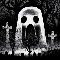 Black and white illustration. Huge white hungry ghost, spooky graveyard. Horror - 539185513