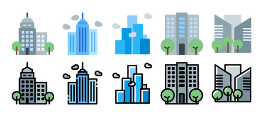 Apartment building icon set. Real estate illustration. Vector illustration with flat and filled line style