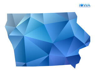 Vector polygonal Iowa map. Vibrant geometric us state in low poly style. Elegant illustration for your infographics. Technology, internet, network concept.