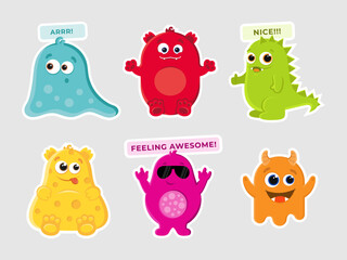 Set of colorful monsters, stickers, vector.