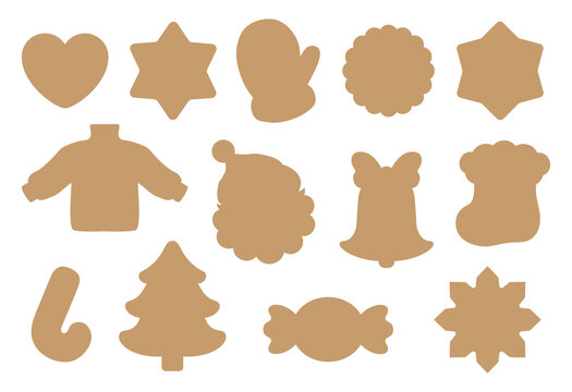 Christmas sugar cookie cut shapes Templates for cutting vector set. Die cut silhouette tags for Christmas decoration, cutting machine, paper craft. Xmas motifs isolated silhouettes cutter knife shape.