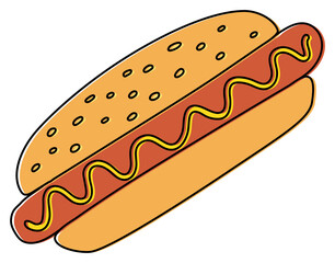 Hot dog. Fast food sketch. Color illustration. Unhealthy meal. Hand drawn icon for restaurant menu