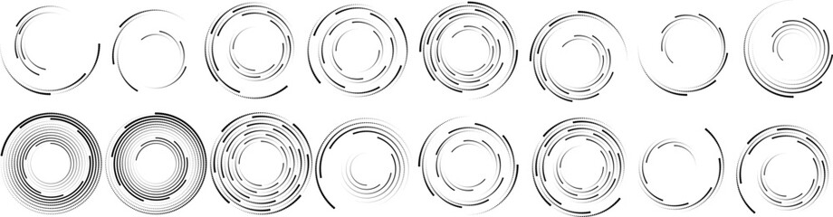 Abstract geometric circles with halftone  dots. Vector rotating dotted Line Design . Transparent design element . Concentric circles logo set .Minimal art 
