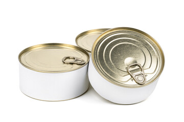 Cans of conserved food. Canned Meat. Metal cans. Close-up various metal and white tin can on white background separated shot.