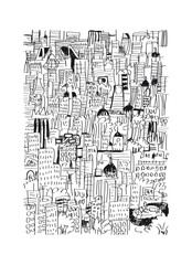 Cityscape with buildings, trees and domes piled up. Hand drawn sketch inked lines style black and white vector illustration.