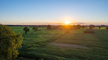Obraz premium Aerial Drone Shot of a beautiful Green and Yellow Agricultural Plantations Bordering with Wild Forests in Belgium, Europe with the golden rays of sun creating a magical blanket over the green