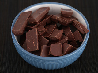 A bowl of broken dark chocolate