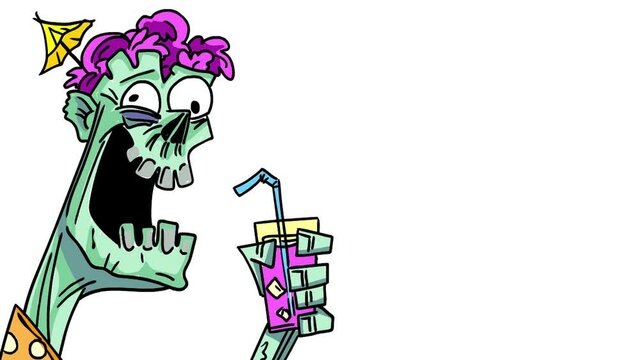 Green drawn zombie. 2D animation. Holiday Halloween. Dead man. A party. On a sea holiday. Brains from the head. Drink in a glass. Place for text. Design element