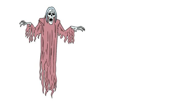 A ghost floating in the air. Holiday Halloween. 2D animation. Dead man. Terrible look. Skeleton in torn clothes. Creepy night. Place for text. Hand-drawn animation.