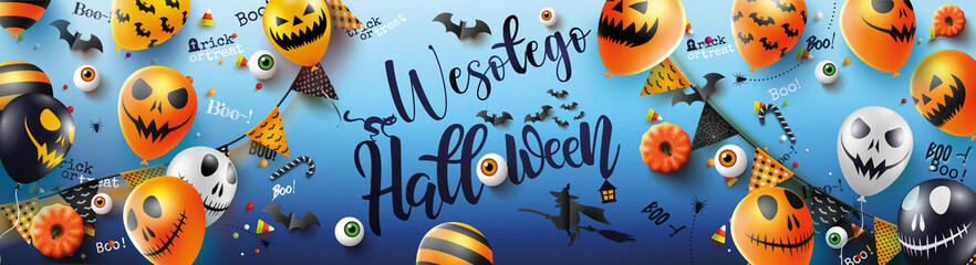 kartka lub baner na "Happy Halloween" w kolorze czarnym na niebieskim tle z dookoła balonami, dynią, wiedźmą na miotle, nietoperzem, oczami