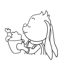 9 / 25 Cute bunny with cup of coffee or hot chocolate with cream and carrots. Christmas, New Year and Easter contour vector illustration for product design. Collection of rabbits in cartoon style