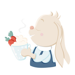 9 / 25 Cute bunny with cup of coffee or hot chocolate with cream and carrots.  Christmas, New Year and Easter coloured vector for product design. Collection of rabbits in cartoon style