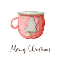 Watercolor Christmas red mug. Hand painted New Year decor isolated on white background - 539188180