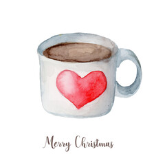 Watercolor Christmas coffee or hot chocolate mug. Hand painted New Year decor isolated on white background - 539188301