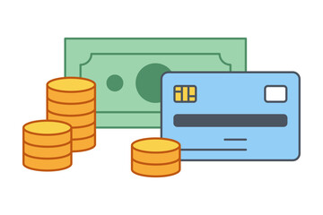 Green banknotes, a pile of gold coins and a credit card icon. Modern flat vector illustration