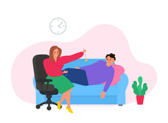 hypnotherapy hypnosis session . hypnotherapist holding pendulum man patient lying on the sofa vector illustration