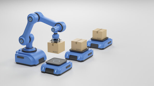 Smart industry production factory warehouse logistic and transport Future Technology. Engineer operating vehicle autonomous guided  robot AGV system robotic arm carry cardboard box. 3d rendering.