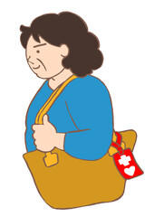 バッグにヘルプマークをつけて外出している統合失調症の女性のイラスト