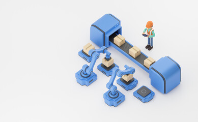 Smart industry production factory warehouse logistic and transport Future Technology. Engineer operating vehicle autonomous guided  robot AGV system robotic arm carry cardboard box. 3d rendering.