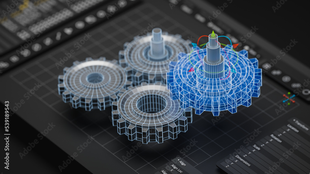 Leinwandbilder Engineering designer design 3D CAD software program Industrial engine model mechanical dimensional digital manufacturing factory engineer computer screen. 3d rendering.