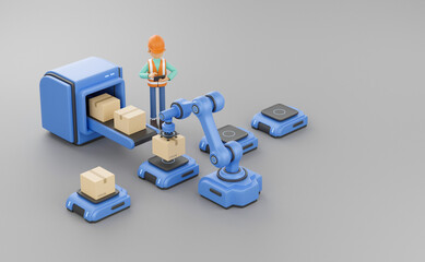 Smart industry production factory warehouse logistic and transport Future Technology. Engineer operating vehicle autonomous guided  robot AGV system robotic arm carry cardboard box. 3d rendering.