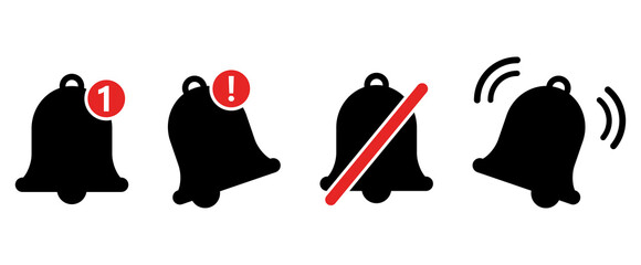 Notification bell icon set isolated on white. Black ringing bell with new notification for social media reminder. Sign for alarm clock and smartphone application alert or new message. Vector
