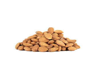 Grains of almond nuts isolated on white background.
