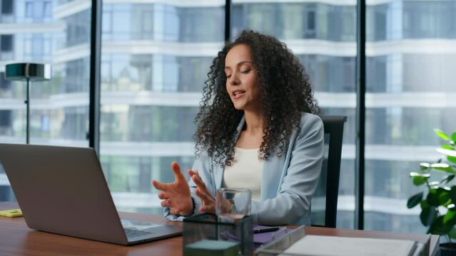 Business consultant greeting clients video call closeup. Director using laptop