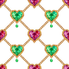 Seamless pattern of brooches in the form of hearts and gold chains on a white background, watercolor illustration, print for fabric and other surfaces. - 539190941