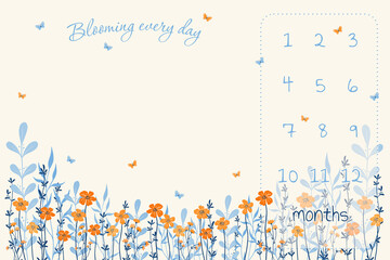 baby blanket milestone, beautiful orange flowers for baby girl, blue leaves, cute baby blanket. blooming every day - obrazy, fototapety, plakaty
