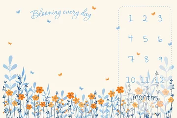 Foto op Plexiglas baby blanket milestone, beautiful orange flowers for baby girl, blue leaves, cute baby blanket. blooming every day © Irina Sevriugina