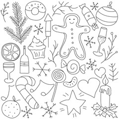 Obraz premium Christmas icons. New year background. Doodle illustration with christmas and new year icons