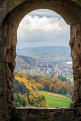 View from Brahehus castle on a foggy autumn day over Granna in Jonkoping, Sweden. Selective focus.