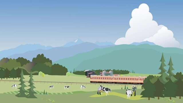 北海道の牧場を走る列車