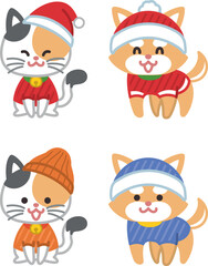 サンタの帽子をかぶった犬と猫　クリスマス　冬服