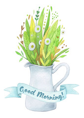good morning greeting card with green plants, watercolor illustration