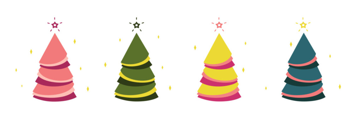 A various set of cute Christmas tree with lovely decoration flat vector illustration isolated on white background. Merry Christmas and Happy New Year