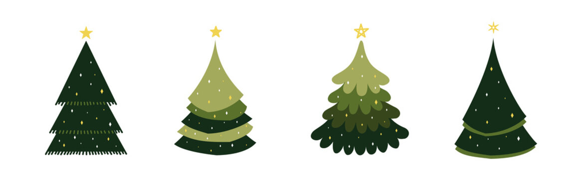 A various set of cute Christmas tree with lovely decoration flat vector illustration isolated on white background. Merry Christmas and Happy New Year