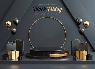 Black Friday banner background with a podium platform, black and gold stuff on a dark scene for product stand in 3D illustration