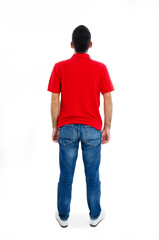 Fototapeta premium Back view of man in jeans. Standing young guy. Rear view people collection. Back pose, full length shot of a young man looks ahead. Isolated on white background. Studio shot