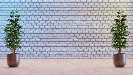 Empty room with bricks Wall Background and plants. Mock up, Background, Products display. 3D render
