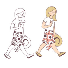 A young woman walks and holds a hat in her hand.