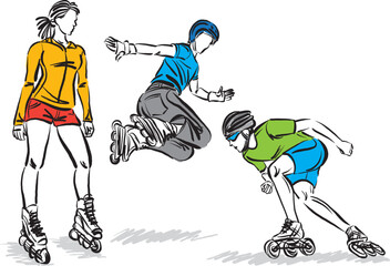 set collection skate in line roller skater young sports recreation vector illustration