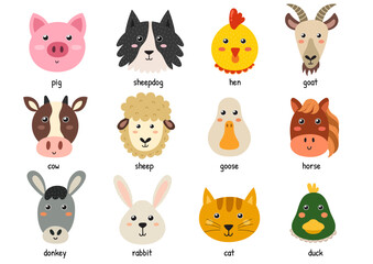Cute farm animal faces for baby and children design. Funny heads of farm characters. Pig, hen, goat, cow, sheep and others. Vector illustration