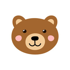 Cute bear head in cartoon style. Brown bear face for baby and kids design. Funny smiling farm animal in cartoon style. Vector illustration
