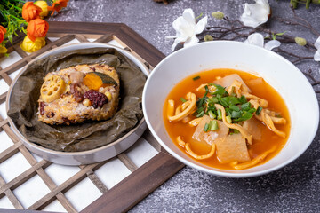 Squid stew and Steamed Rice Wrapped in a Lotus Leaf Korean Food