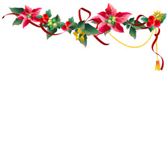 Christmas garland with poinsettia and red ribbons ,isolated on a white - 539195531