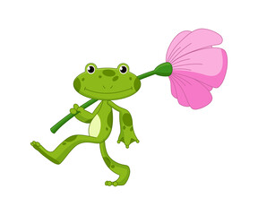 Cartoon frogs Funny cartoon frog. Little amphibia character goes on white background. Adorable froggy carries flower on his shoulders